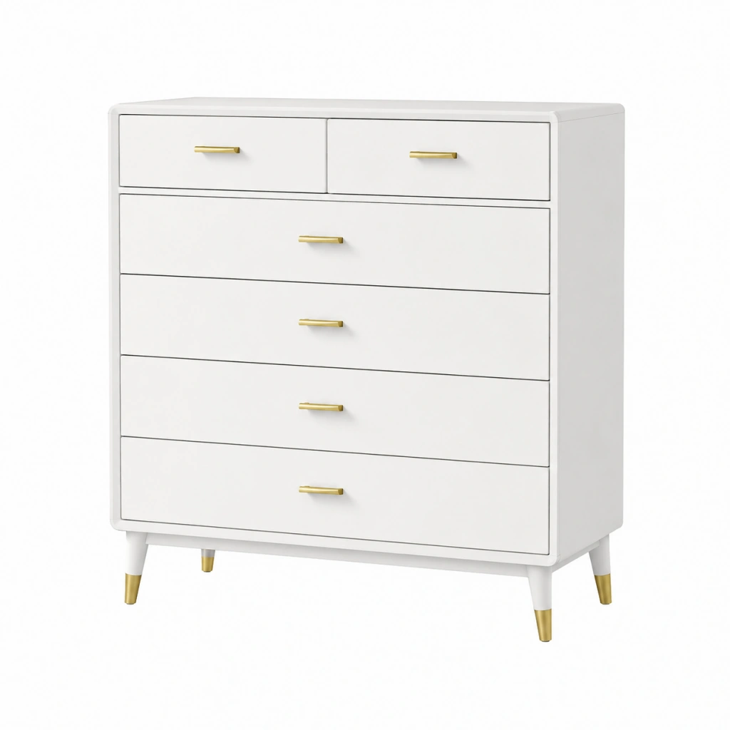 Cassettiera 120 x 45 x 100 cm bianca con maniglie dorate stile moderno
