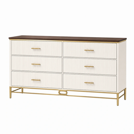 Cassettiera 150 x 45 x 85 cm in legno crema marrone scuro e oro con 6 cassetti stile moderno