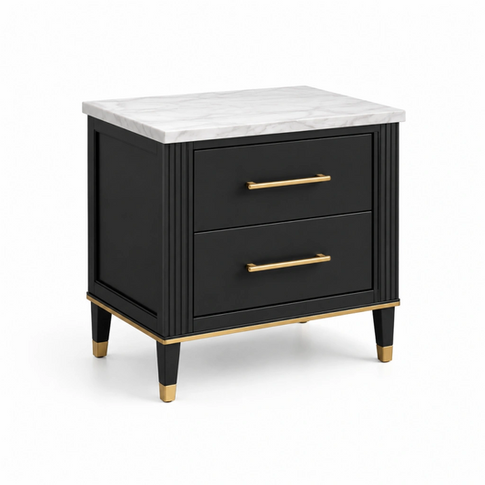 Comodino 60 x 45 x 65 cm nero in legno ingegnerizzato con piano effetto marmo - 2 cassetti stile classico