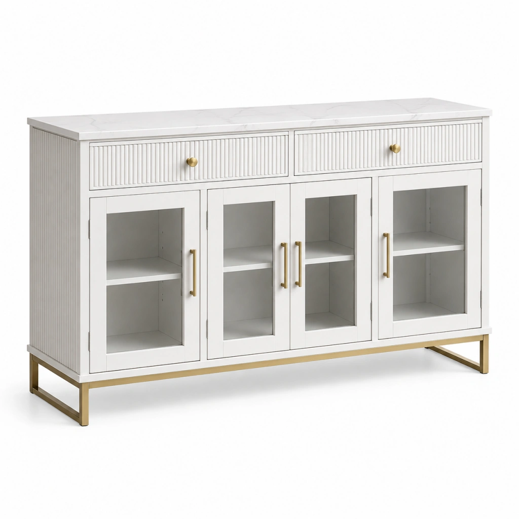 Credenza 160 x 40 x 90 cm bianca in legno e vetro con piano effetto marmo