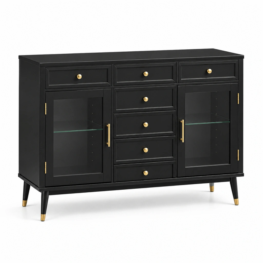 Credenza 140 x 40 x 90 cm in legno ingegnerizzato nero con ante in vetro e cassetti stile moderno