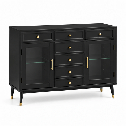 Credenza 140 x 40 x 90 cm in legno ingegnerizzato nero con ante in vetro e cassetti stile moderno