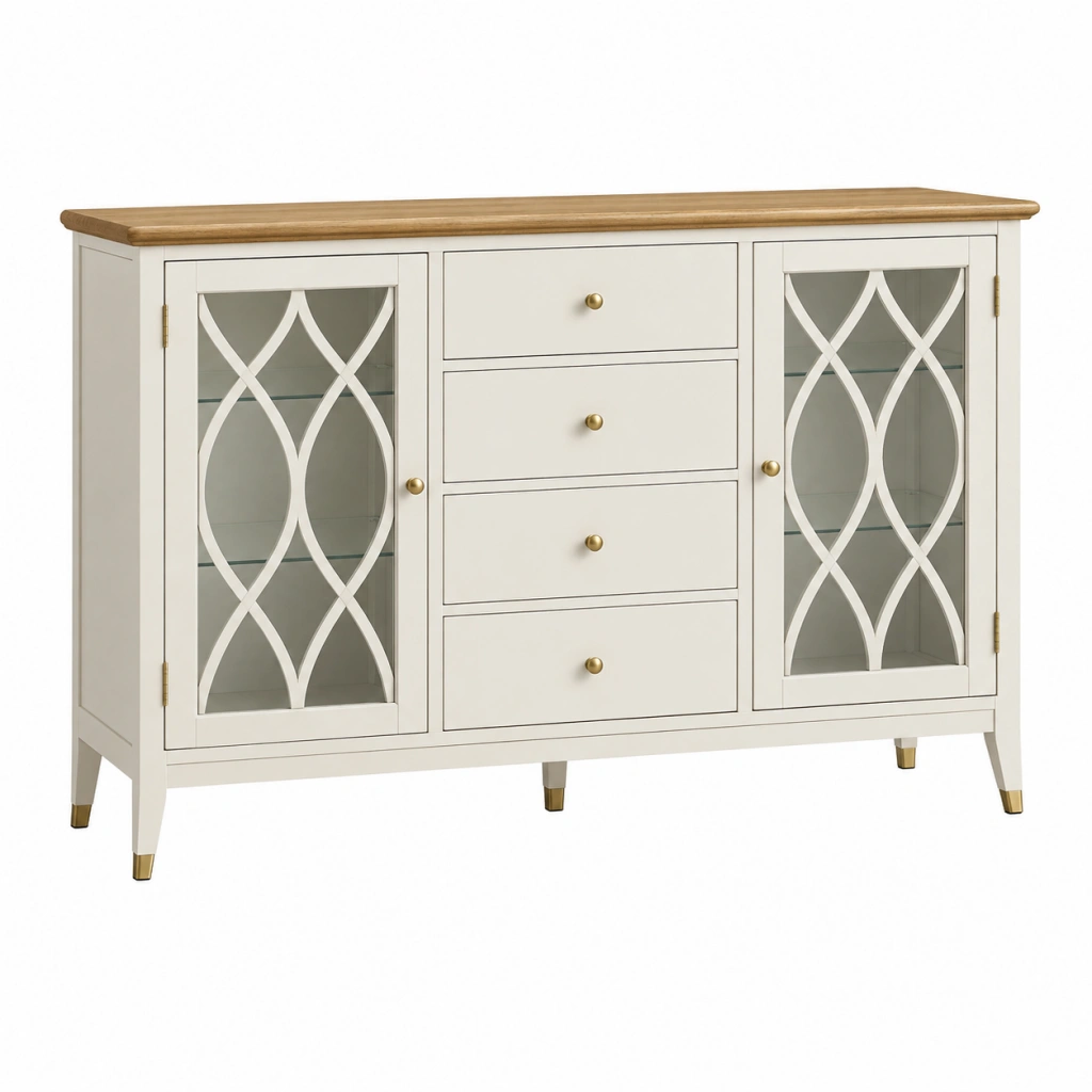 Credenza 120 cm in legno bianco e vetro con 4 cassetti e 2 ante stile classico