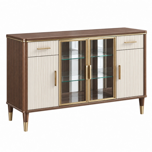Credenza vetrina 160 x 40 x 90 cm in legno marrone e bianco con vetro - stile moderno