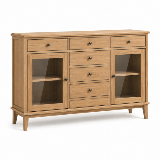 Credenza 150 x 45 x 95 cm in legno marrone con vetrine e cassetti stile classico