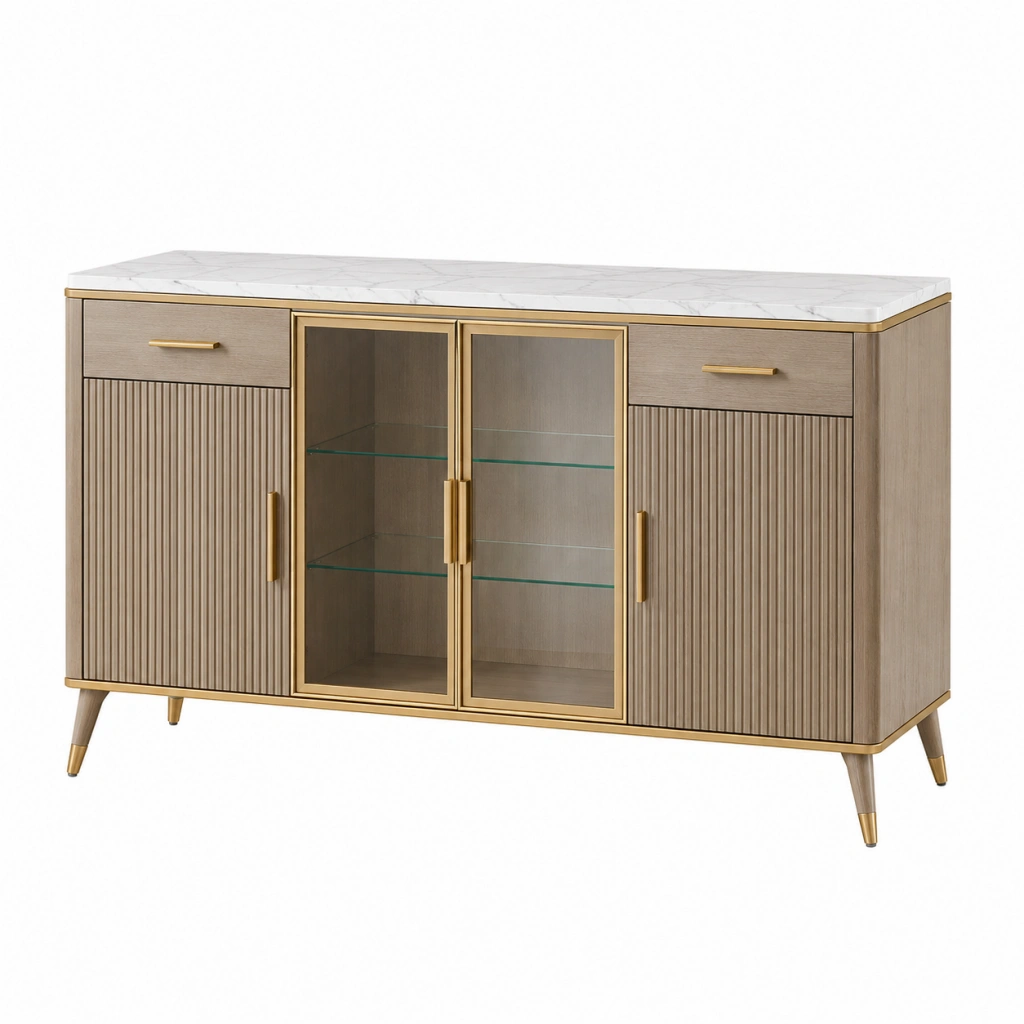 Credenza 160 x 45 x 90 cm in legno beige con vetro e piano effetto marmo - stile moderno